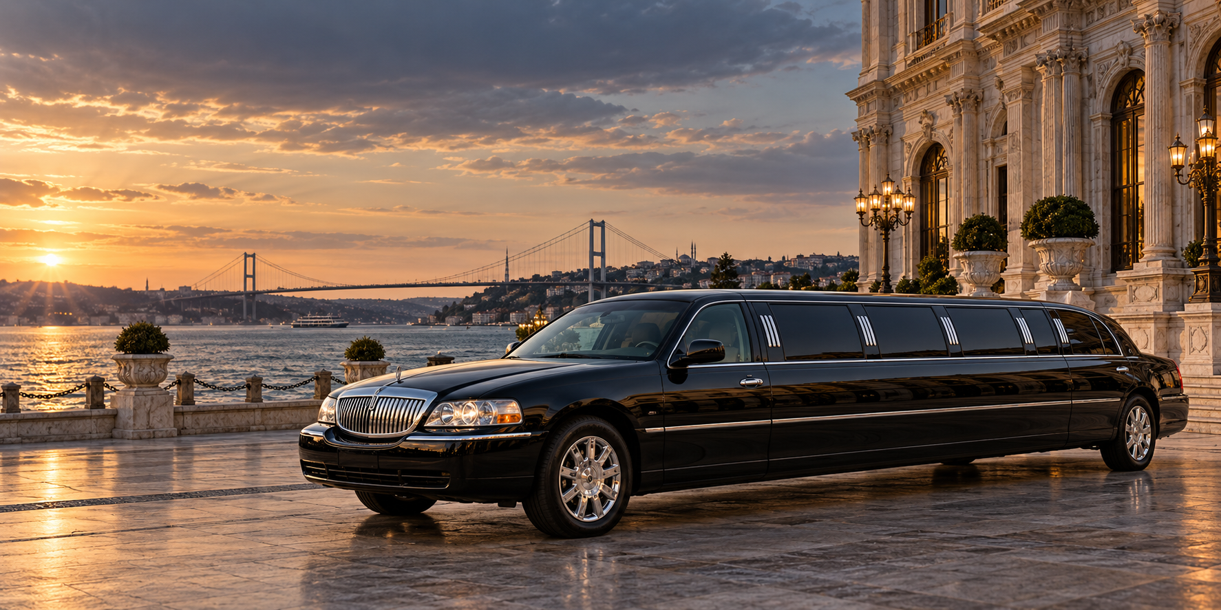 İstanbul Boğazı kıyısında siyah Lincoln Town Car limuzin